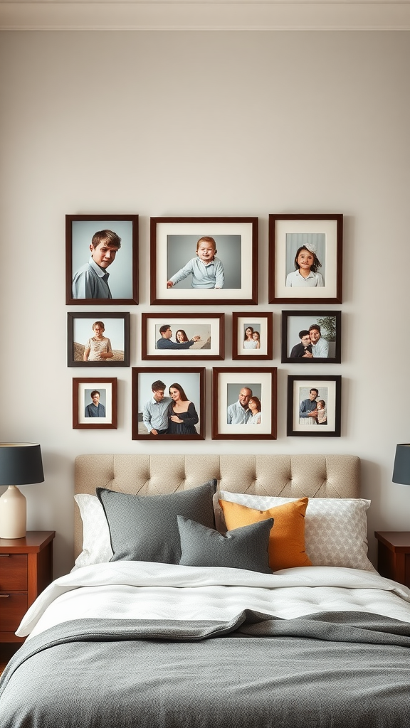 Cozy bedroom with family photos in chocolate frames on the wall, featuring soft bedding and warm colors.