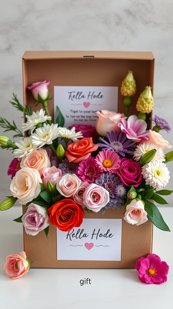 A beautifully arranged floral gift box filled with colorful flowers and a personalized note. Valentijn bloemstukken