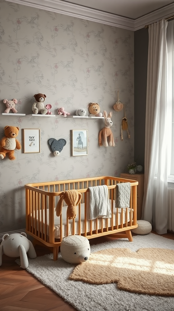 Een gezellige babykamer met een houten wieg, knuffels en een schattig tapijt.