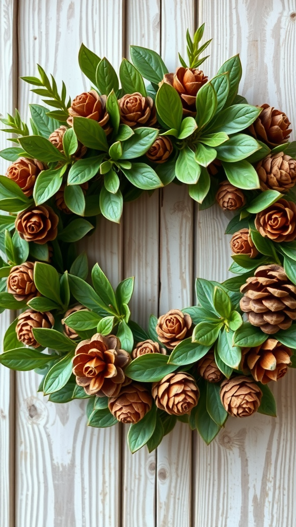 A wreath made of pinecones and green leaves, symbolizing spring.