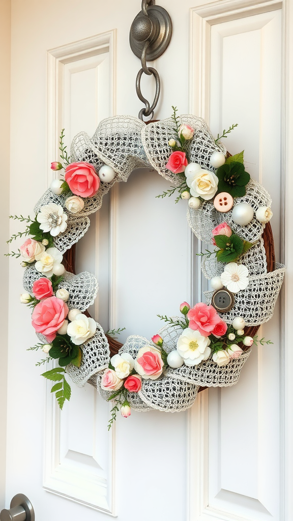 A beautiful spring wreath made of lace and flowers, hanging on a door.