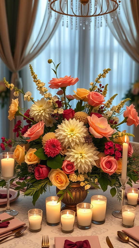 A stunning candlelit floral centerpiece with vibrant flowers and candles, creating a romantic atmosphere.