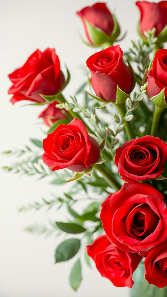 A vibrant bouquet of red roses with green leaves. Valentijn bloemstukken.