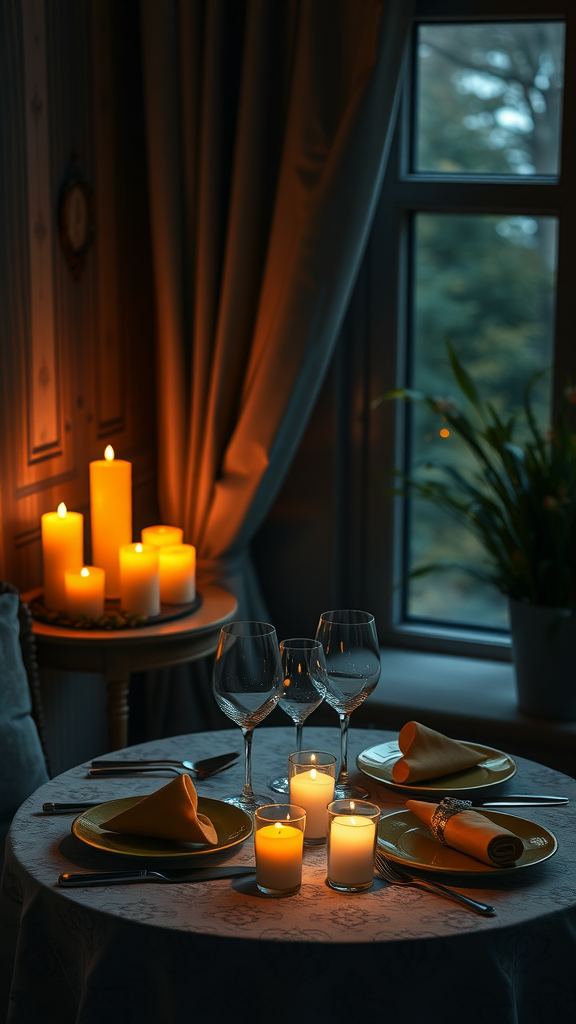 Gezellig gedekte tafel met kaarsen en glazen in een romantische setting