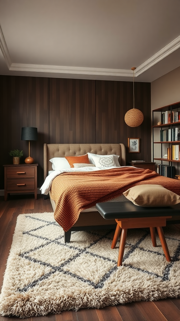 Stylish bedroom with a brown theme featuring a plush rug