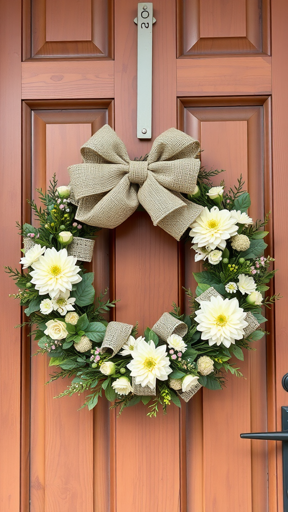 A rustic wreath made of burlap, lace, and white flowers on a wooden door.