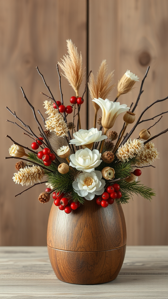 Rustieke kerstdecoratie met een mix van takken, bloemen en bessen in een houten vaas.