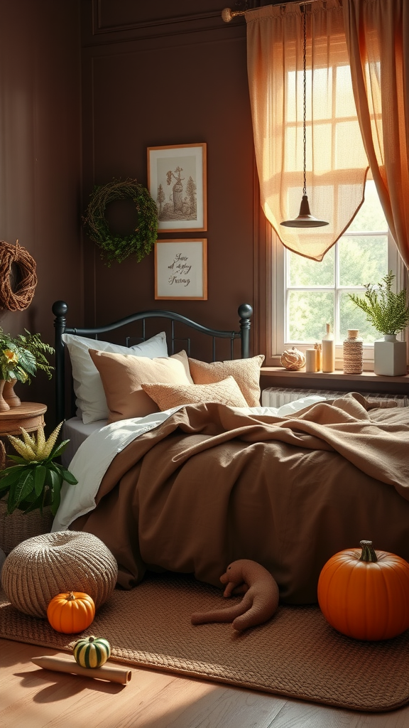 A cozy chocolate brown bedroom decorated with pumpkins and warm textiles