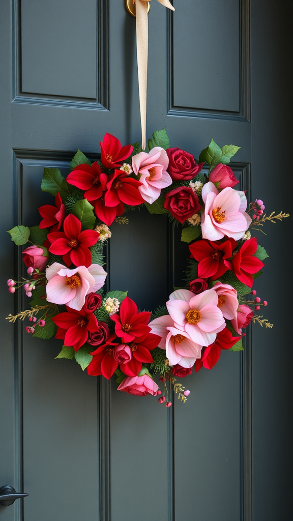 A vibrant floral wreath featuring red and pink flowers, hanging on a dark door, perfect for Valentine's Day.