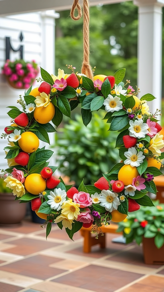 A colorful wreath featuring lemons, strawberries, and various flowers, perfect for spring decor.