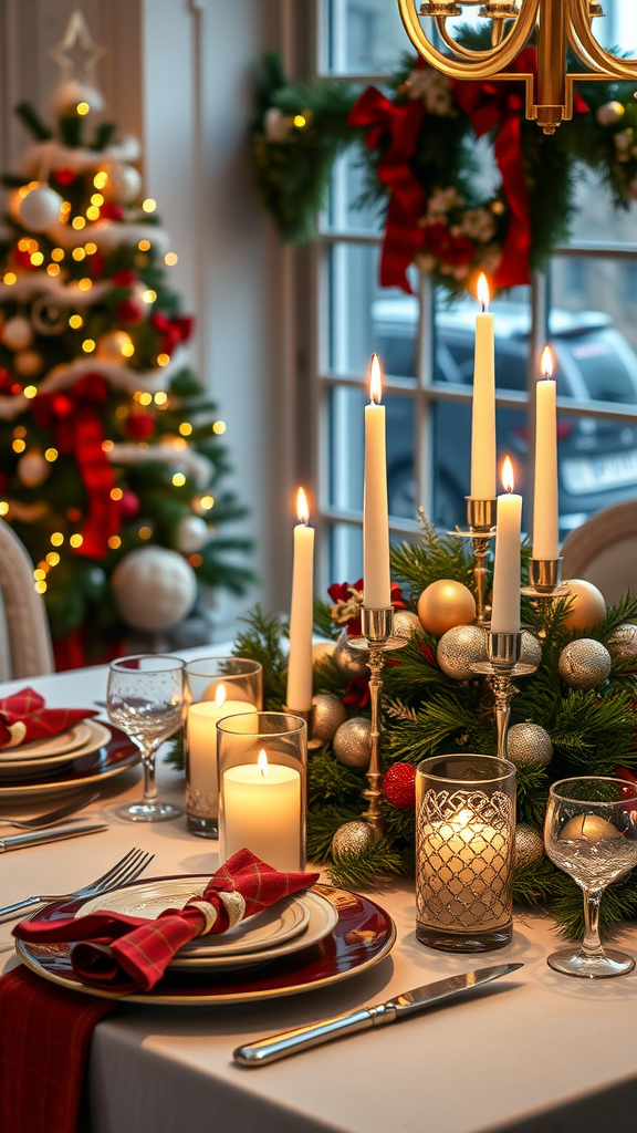 Sfeervolle kersttafel met kaarsen, kerstdecoraties en mooi servies.