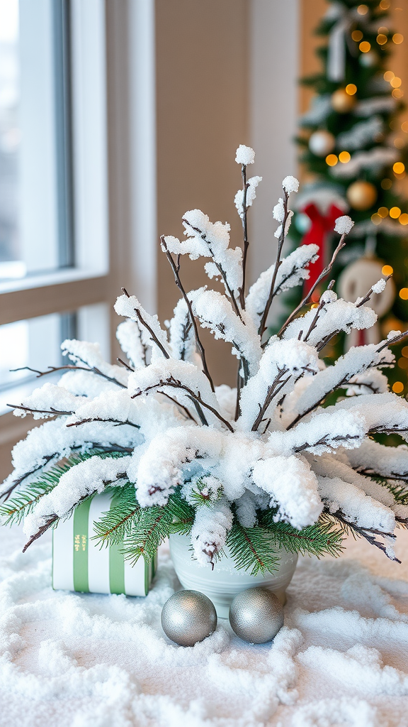 Sneeuwbedekte kerstdecoratie met takken en kerstballen