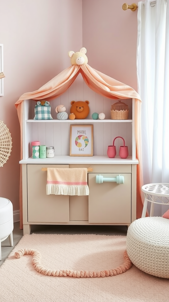 Een speelse en kleurrijke babykamer met kussens en schattige decoraties.