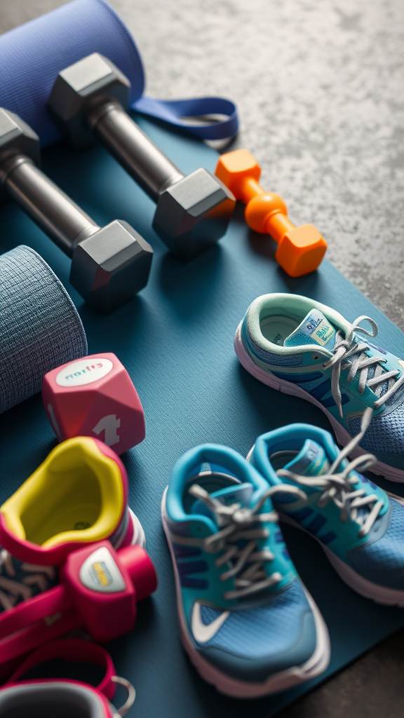 Sportieve accessoires zoals dumbbells, een yogamat en sportschoenen.