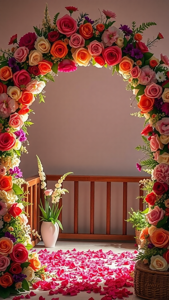 Floral arch adorned with colorful roses and flowers, with petals scattered on the floor. Valentijn bloemstukken