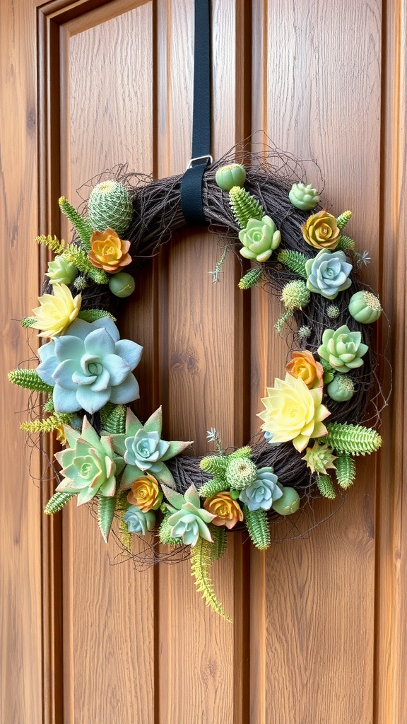 A vibrant wreath made of succulents and cacti, showcasing pastel colors hanging on a wooden door. Voorjaars Krans