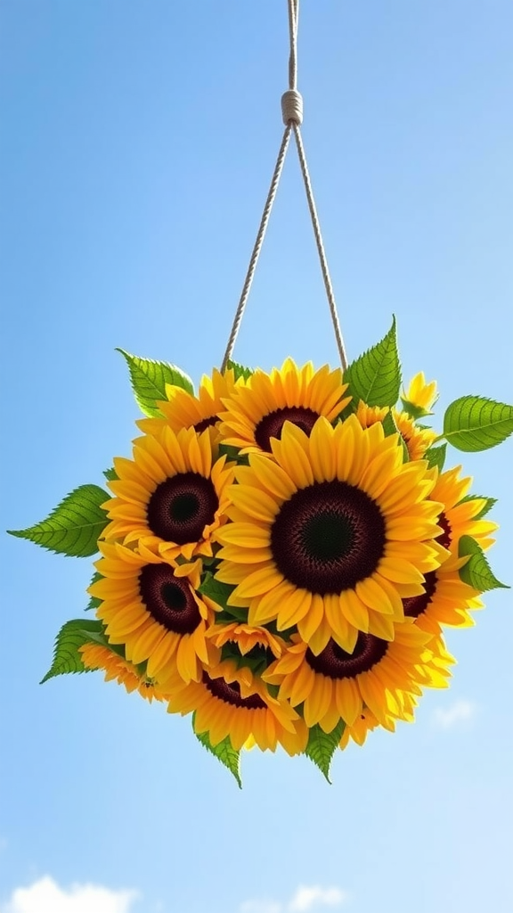 A vibrant bouquet of sunflowers hanging against a clear blue sky.