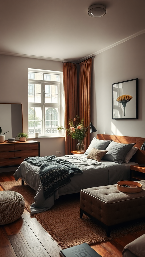 A cozy chocolate brown bedroom with wooden furniture and warm lighting.