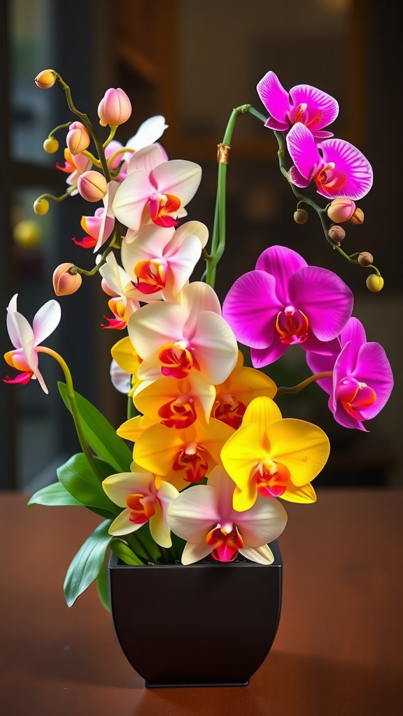 A beautiful arrangement of colorful orchids in a black pot. Valentijn bloemstukken.