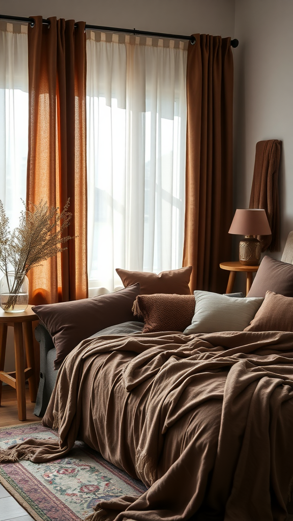 Warm chocolate brown textiles in a cozy bedroom setting.