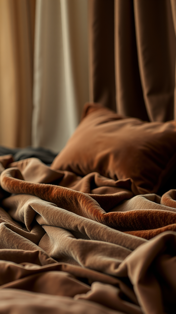 Close-up of chocolate brown bedding and cushions, showcasing various textures. Chocolade Bruine Slaapkamer