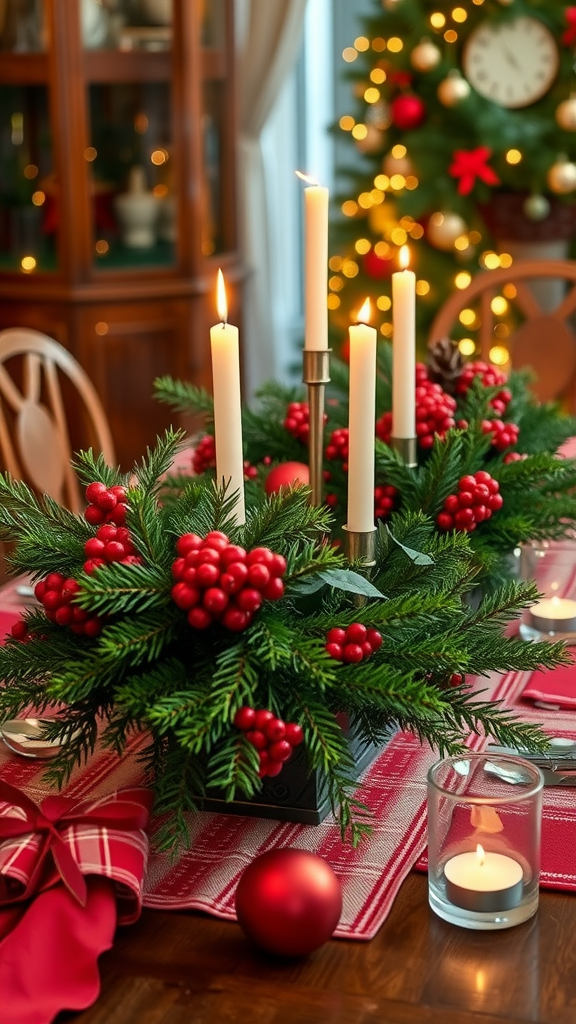 Een sfeervolle tafelsetting met kerststukken van dennentakken, rode bessen en kaarsen. Kerst pronkstukken