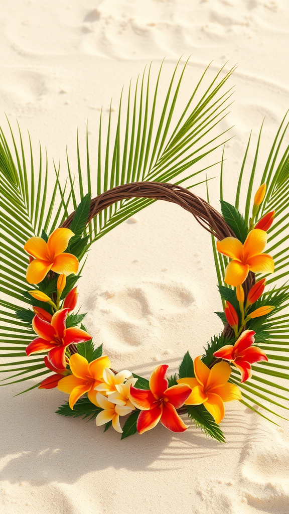 A colorful tropical wreath made of flowers and palm leaves on soft sand. Voorjaars Krans 