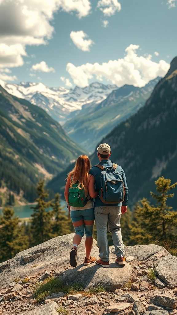 Een stel dat samen in de natuur staat, met bergen en een meer op de achtergrond. Unieke Valentijnsdag cadeaus voor Hem