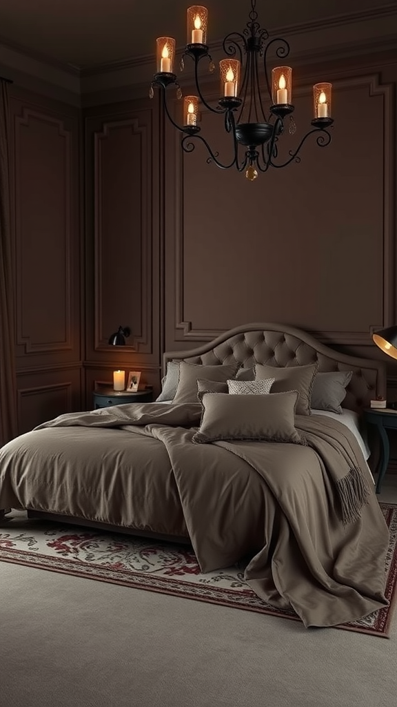 A warm and cozy chocolate brown bedroom with soft lighting and elegant decor.