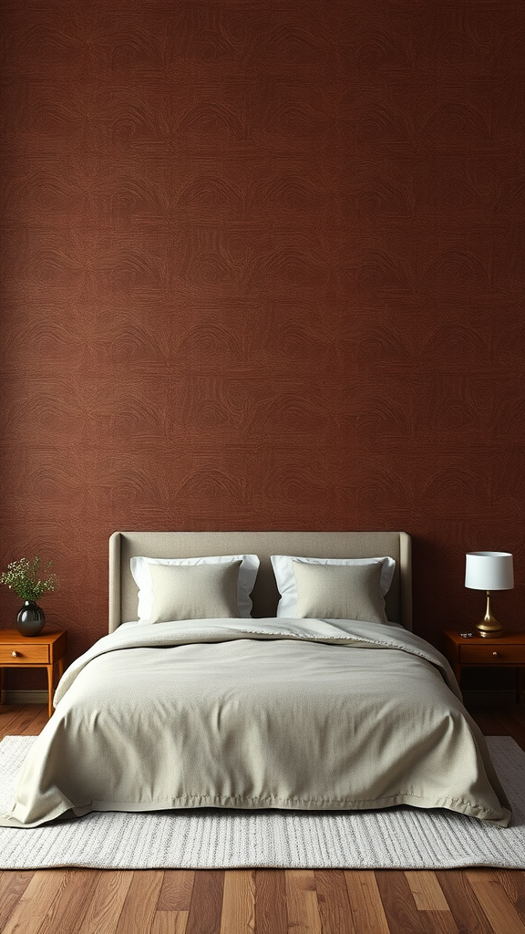 A cozy bedroom featuring a chocolate brown wallpaper, a soft beige bedspread, and wooden furniture.