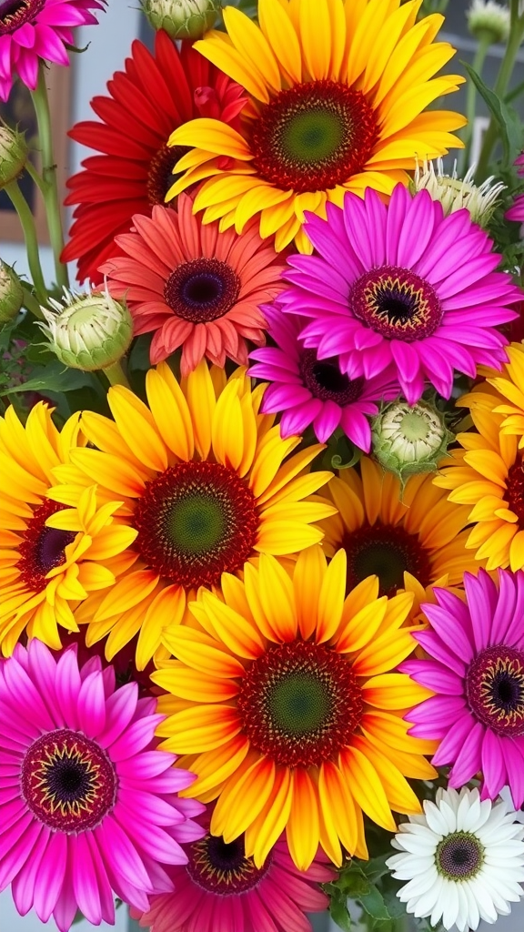 A vibrant bouquet of sunflowers and gerberas in various colors.