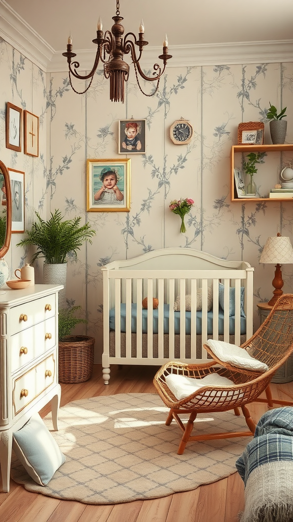 A vintage-inspired baby's room featuring a crib, rattan chair, and decorative items.