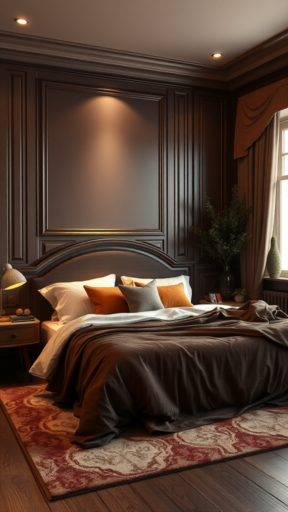 Cozy bedroom with chocolate brown walls and warm decor