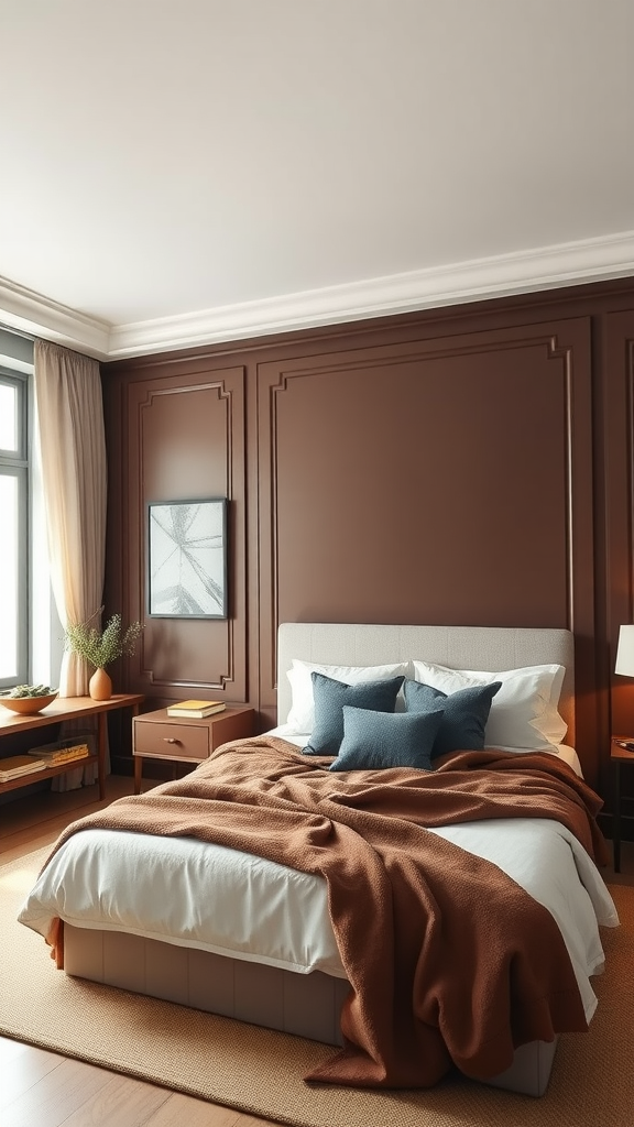 A bedroom with chocolate brown walls, a bed with white and blue pillows, and a warm brown blanket. Chocolade Bruine Slaapkamer