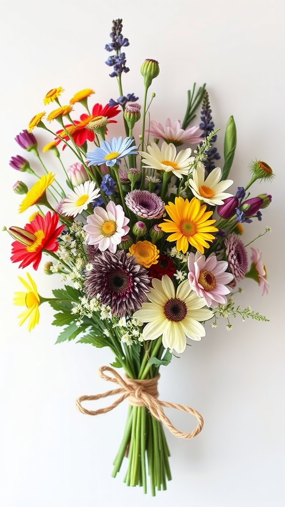 A vibrant bouquet of mixed wildflowers with red, yellow, blue, and purple blooms tied with a rustic twine.