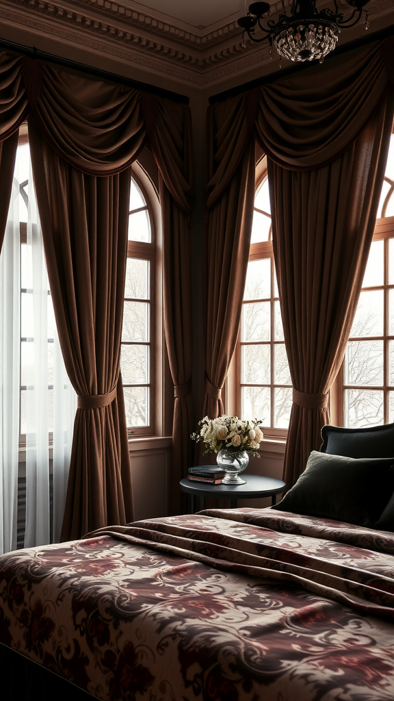 A beautifully styled bedroom with chocolate brown curtains and a patterned bedspread, creating a cozy atmosphere.