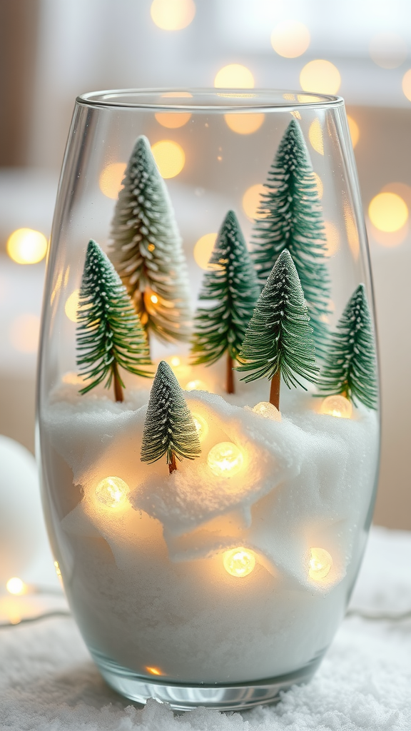 A glass vase filled with faux snow, miniature evergreen trees, and warm glowing lights. Kerst Pronkstukken in Vazen