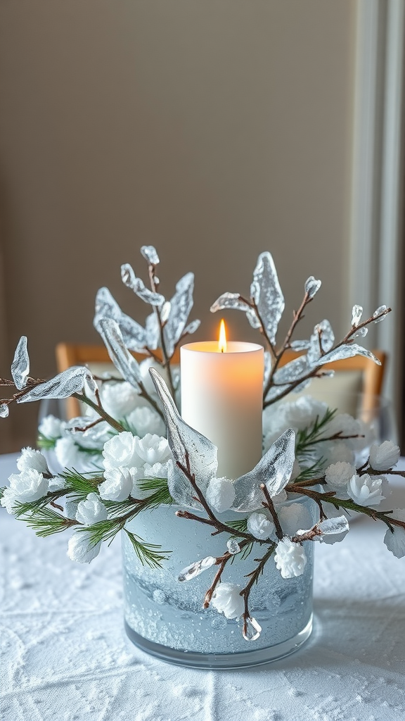 Een winterse kerststuk met een brandende kaars en decoratieve takken. Kerst pronkstukken