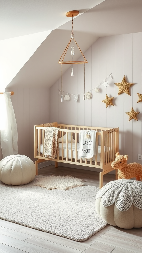 Schattige babykamer met een houten wieg, zachte kussens en een gezellig vloerkleed.