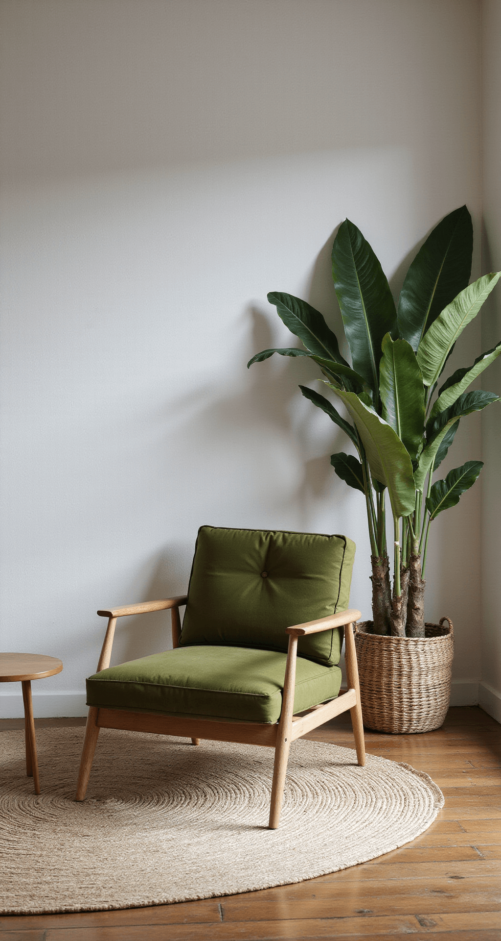 Intieme zithoek met olijfgroene fluwelen fauteuil, minimalistisch messing bijzettafeltje, warmwitte textuur muren, grote Strelitzia plant, rieten mand, houten kruk, linnen gordijnen, aardetinten textielen, sereen en organisch sfeer in gefilterd daglicht.