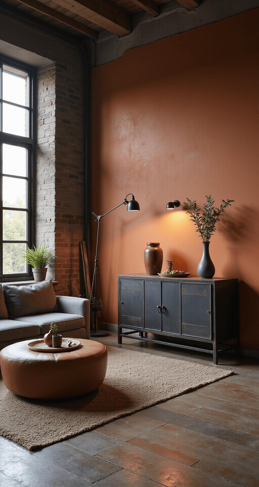 Moderne industriële woonruimte met zwevende eiken wandplanken tegen een ruwe betonnen muur, een okergele accentstoel, een minimalistische zwarte metalen boekenkast, en een vintage kelim tapijt. Botanische elementen hangen voor diepte, verlicht door warm licht van de ondergang en industriële wandlampen.