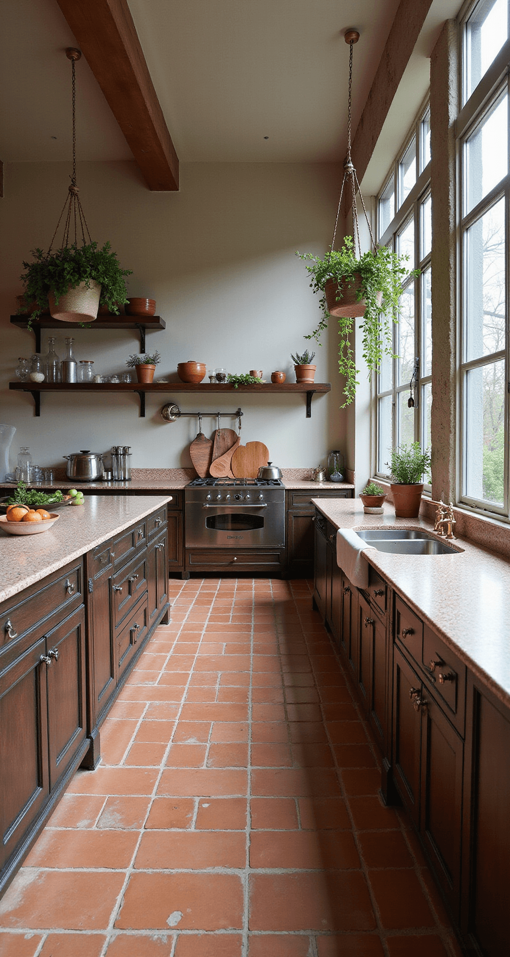 Open woonkeuken van 8x6 meter in ochtendlicht, met terrazzo aanrecht en terracotta tegels als spatwand. Zwevende eiken planken met aardewerk en koperen accessoires, cognac leren vintage krukken en hanging gardens voor levendigheid. Culinair perspectief met focus op materialen, natuurlijk licht met accentverlichting; warme minimalistische sfeer.