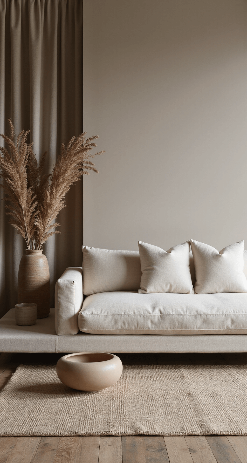 Meditatieve zitruimte met een lage platform sofa in roomwit linnen, oversized aardekleurige vloerkussens op een handgeknoopt wollen tapijt, en een traditioneel wandkleed in zachte tinten. Keramische objecten en gedroogde bloemen versterken de zen luxe sfeer, gefotografeerd in een symmetrische compositie op ooghoogte met indirecte en zachte verlichting.