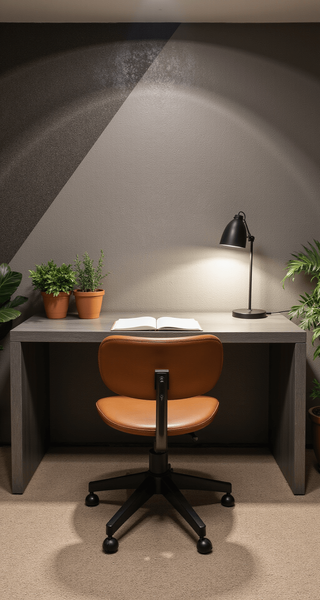 Moderne werkhoek met eiken bureau tegen een warmgrijze muur, vintage leren bureaustoel, messing bureaulamp en geometrische wanddecoratie, omlijst door terracotta plantenpotten in een urban jungle.