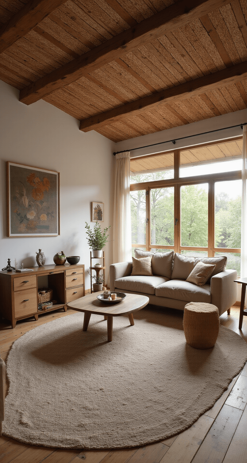 Gezellige, rustieke woonkamer in avondlicht met houten balkenplafond, grote ramen met linnen gordijnen, cognackleurige leren bank, verweerde houten salontafel, juten vloerkleed, rieten manden en aardetint linnen kussens. Vintage koperen accessoires en handgemaakte keramiek in warme kleuren.