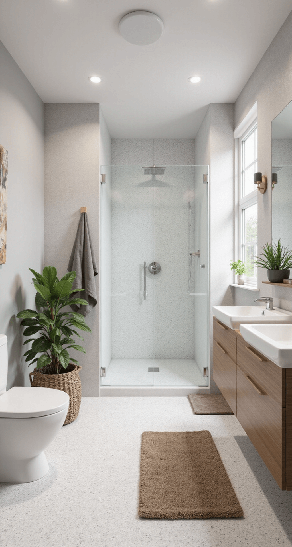 Lichte Scandinavische badkamer met witte hexagon wandtegels, licht eiken vloer, terrazzo dubbele wastafel met koperen kranen, rond bad onder dakraam, glazen douchewand met koperen details, en decoratieve rotan manden en groene planten.