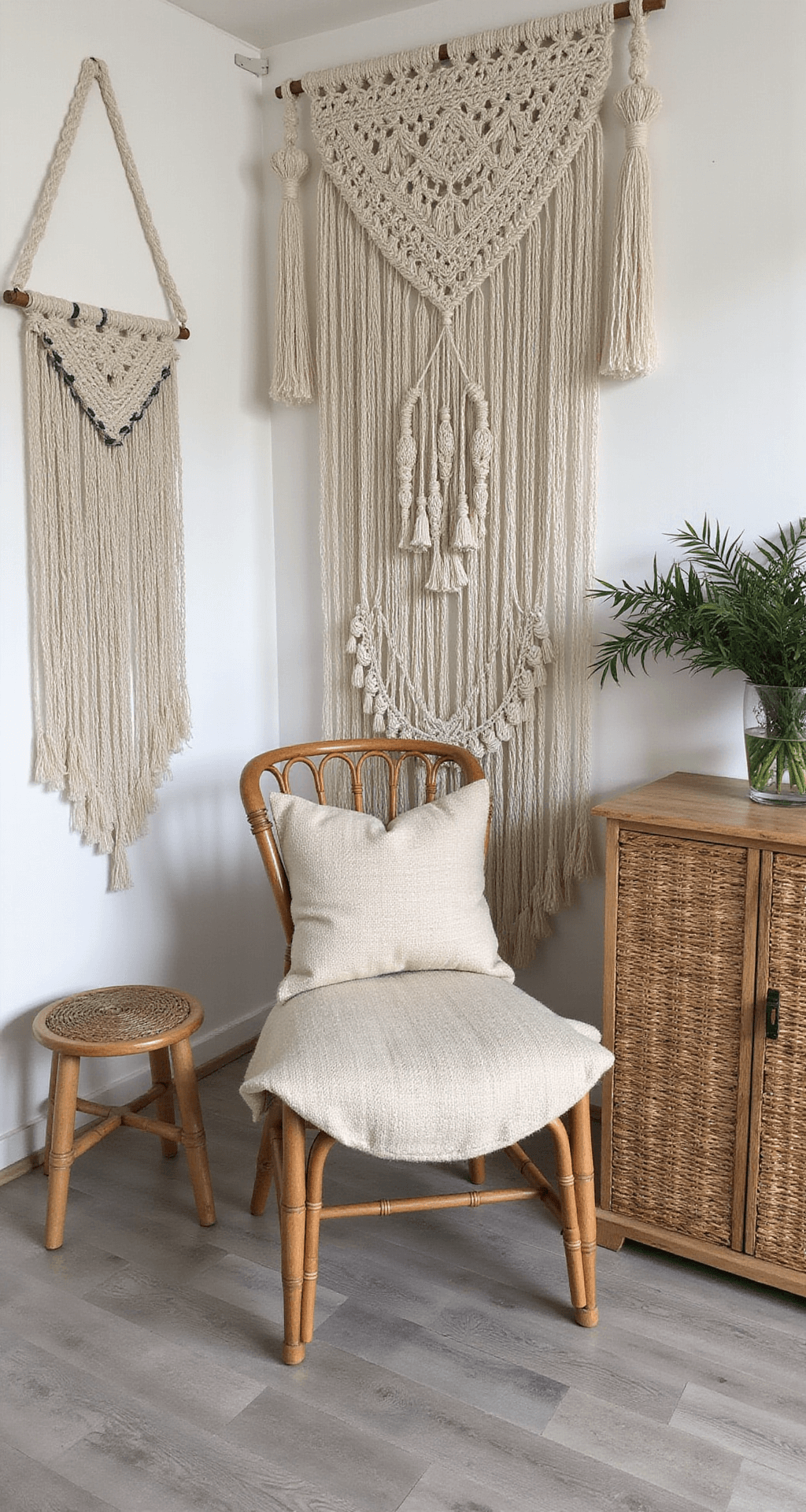 Boheemse zithoek met rotan hangstoel, lage boekenkast, sierkussens en macramé wanddecoratie in een lichte ruimte met ecru en warm grijs, accenten in indigo.
