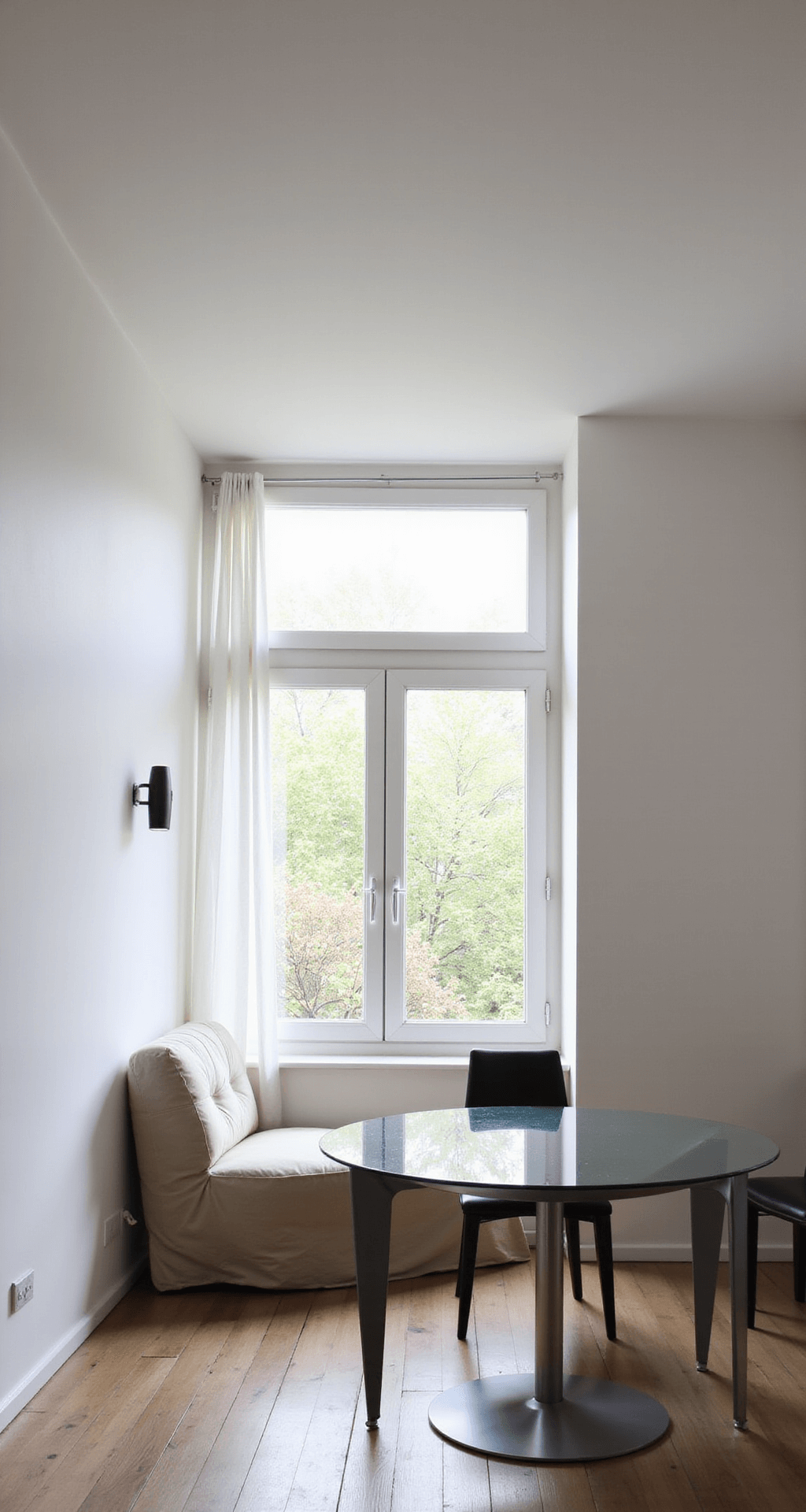 Een compacte woonkamer met hoge plafonds, witte muren en zwevende eiken wandplanken. Een lichtgrijs tweezitsbank met opbergruimte en een slanke messing vloerlamp staan naast elkaar. Een ronde glazen salontafel reflecteert het ochtendlicht, met warme LED-verlichting en grote ramen die zachte belichting bieden.