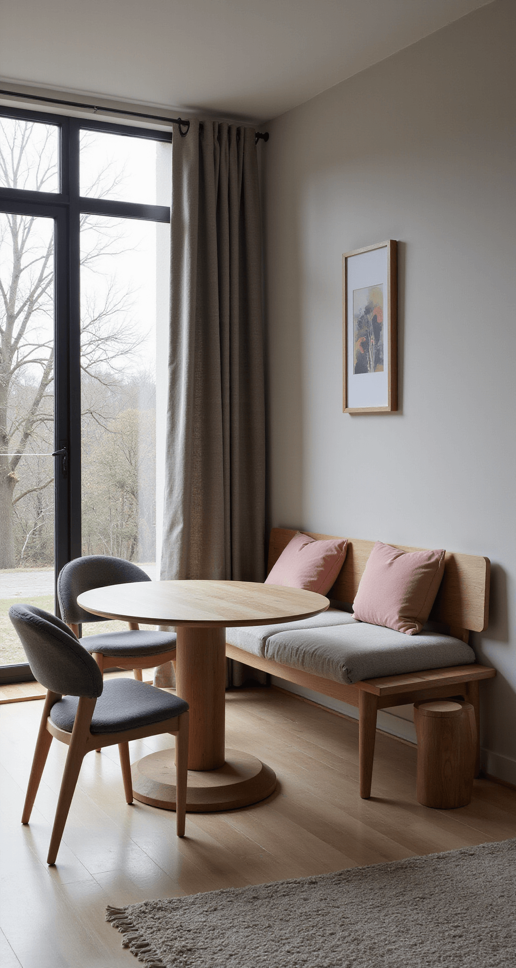 Multifunctionele woonruimte met lichtgrijze slaapbank en uitschuifbare eettafel in Scandinavisch design, verlicht door middaglicht en omlijst door semi-transparante gordijnen, met zachte roze poefs als extra zitplaatsen.
