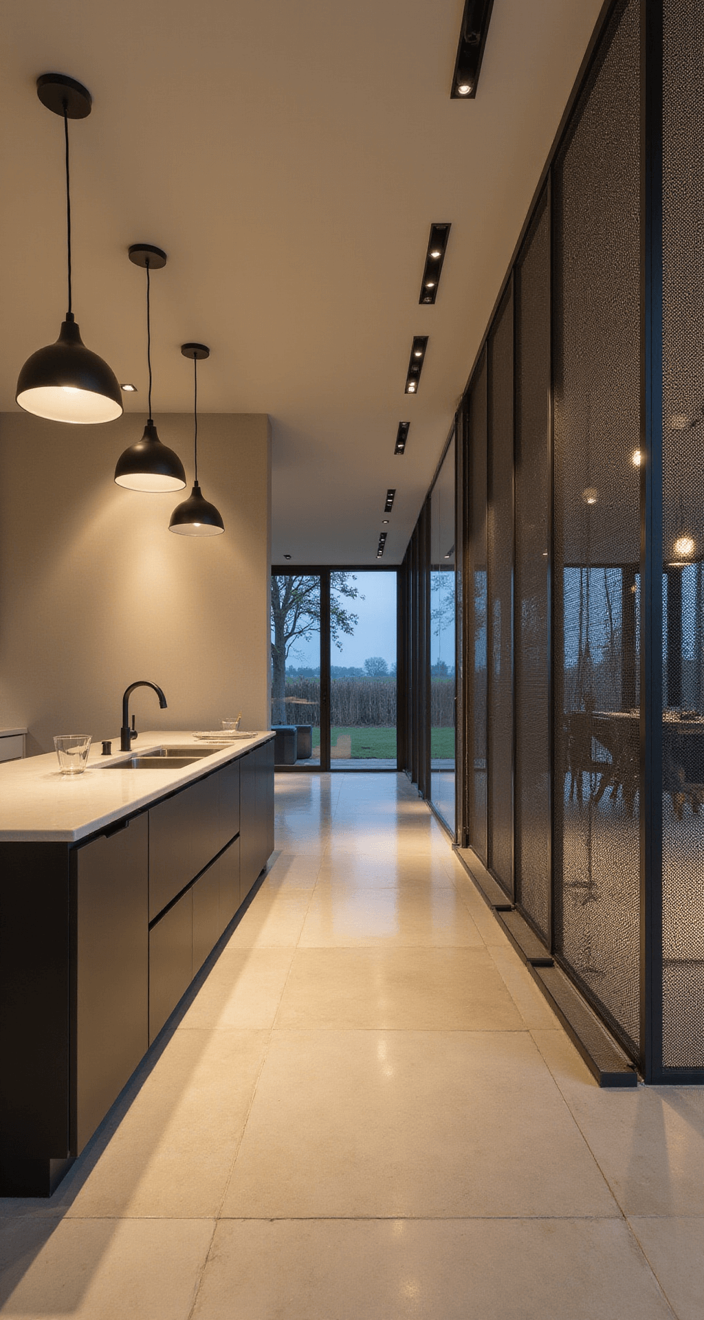 Moderne woonkamer-keuken met een open indeling, verlicht door verschillende lampen in de schemering. Een groot crèmekleurig vloerkleed en een metalen room divider creëren ruimtes. Bird's eye view toont zonering met accentverlichting.